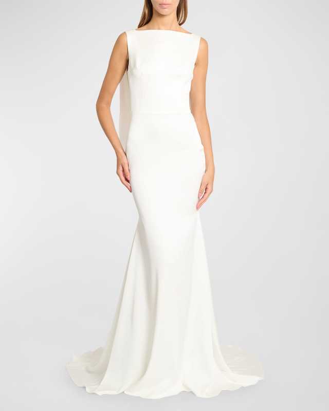 Sleeveless Back-Drape Satin Crepe Trumpet Gown